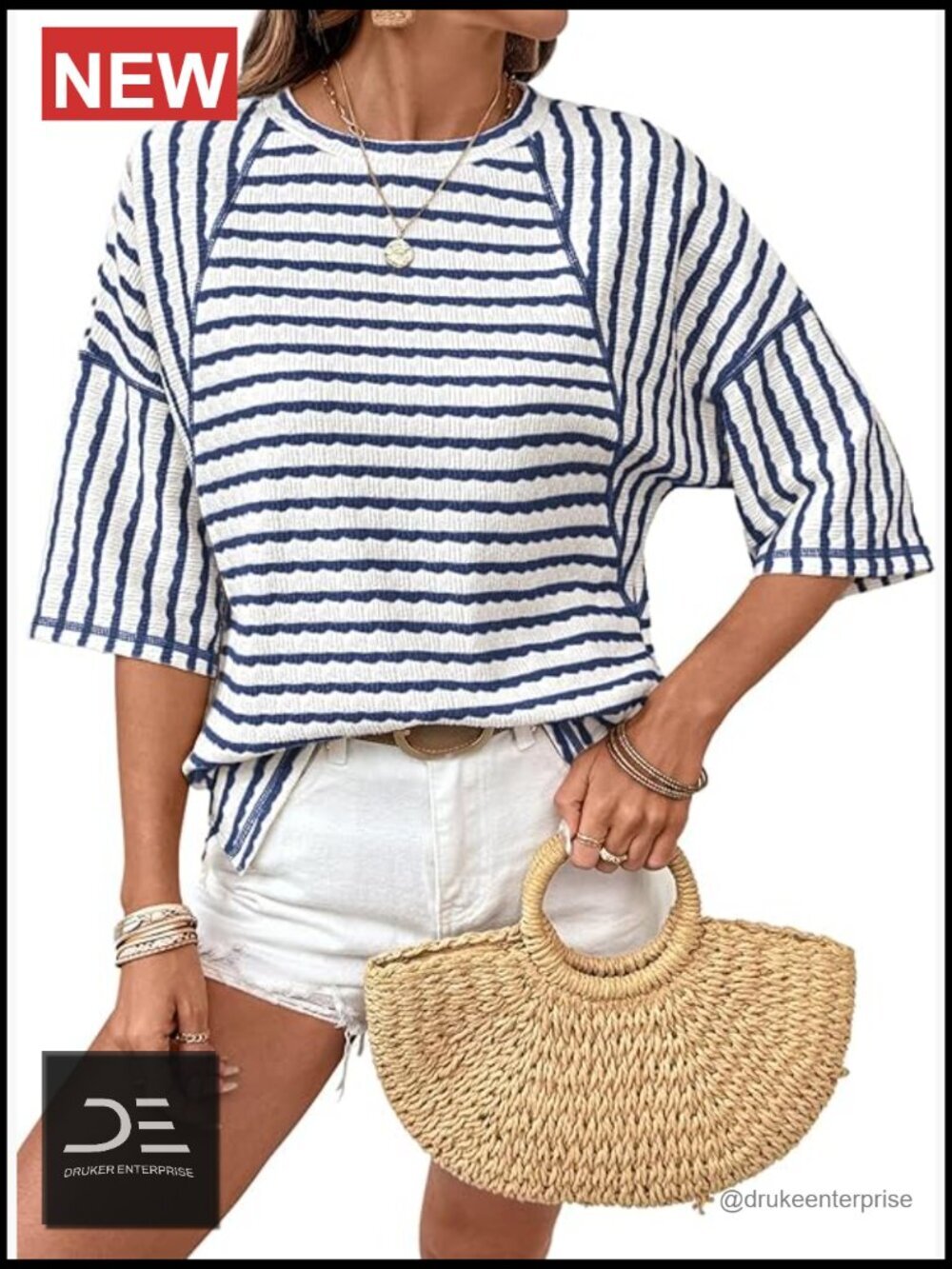 Oversized Striped Color Block Short Sleeve Crewneck T-Shirt